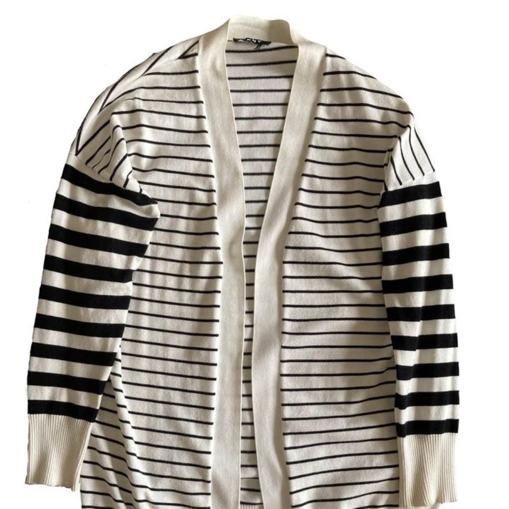 DKNY Black and Cream Striped Cardigan, Oversized Fit